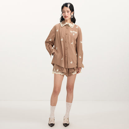 FAME Flower Embroidered Long Sleeve Shirt Top  - DOMNIC