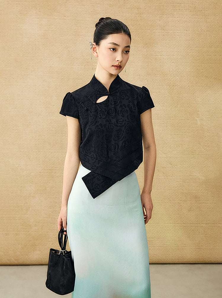 HECO Chinese acetate stand-up collar hollow buckle T-shirt - QUES.