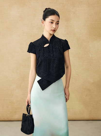 HECO Chinese acetate stand-up collar hollow buckle T-shirt - QUES.