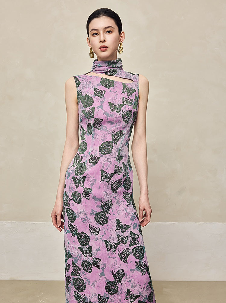 HECO Burnt flower hollow slim sleeveless purple midi dress woman - MIGHT.