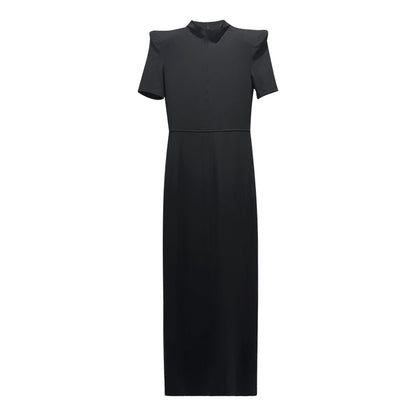 ANNAKIKI Niche Designer Women's Black Shoulder Short Sleeve Dress-KANA