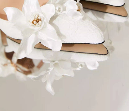 B-FEI white flower wedding ankle strap high heel shoes-MIJI.
