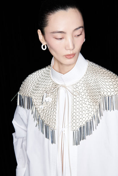 M essential Mackay designer handmade chain mail fringe embellished collar shawl - SIND.