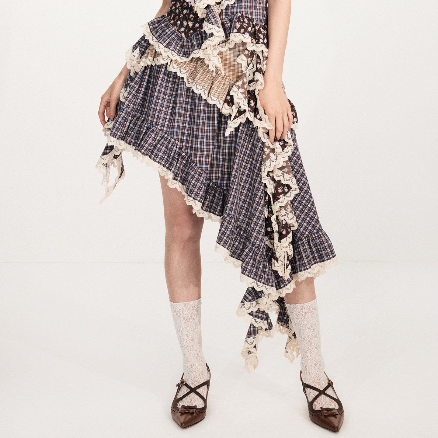 FAME Retro Check Floral Splicing Pastoral Irregular Skirt - CAIUS.