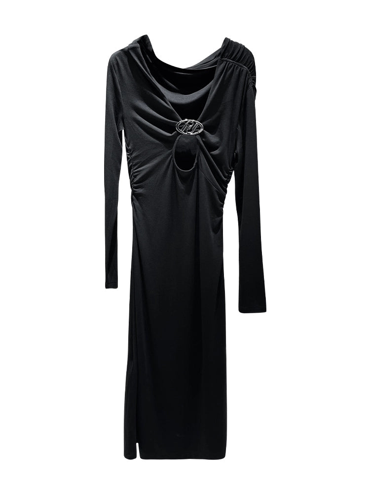 ANNAKIKI  Designer Vertical Back Cut-out Pleated One-Line Neck Dress-MIU