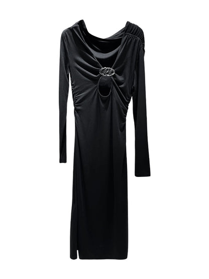 ANNAKIKI  Designer Vertical Back Cut-out Pleated One-Line Neck Dress-MIU