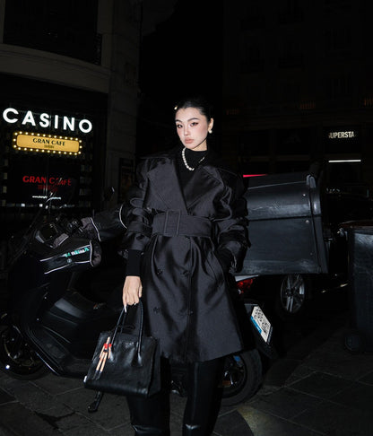 MEI SANGUAN Black double-breasted belted trench coat - BRIAN