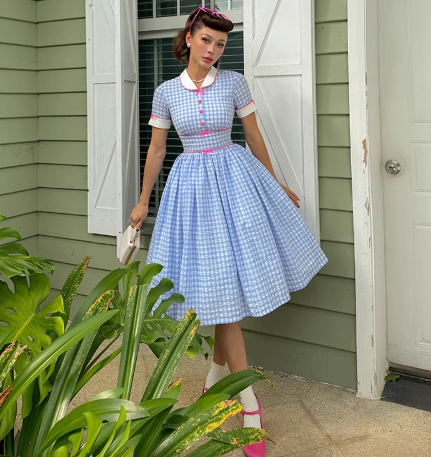 Le Palais Vintage Blue Plaid Waist Swing Skirt Puffy Skirt-SEM