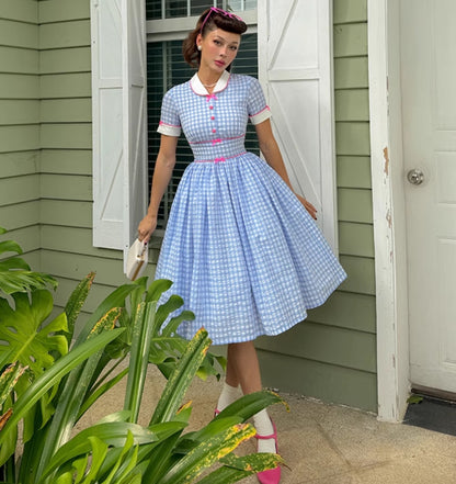 Le Palais Vintage Blue Plaid Waist Swing Skirt Puffy Skirt-SEM