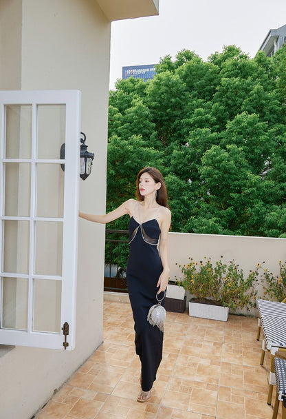 DOLLY High End Black Retro Style V-Neck Sleeveless Diamond Chain Long Dress-GENEVIEVE