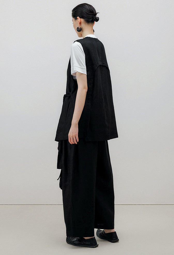 ZHUCHONGYUN Summer Black Loose Belted Linen Long Pants-HARU.