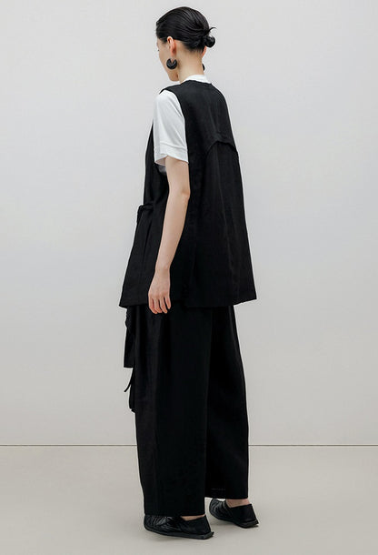 ZHUCHONGYUN Summer Black Loose Belted Linen Long Pants-HARU.
