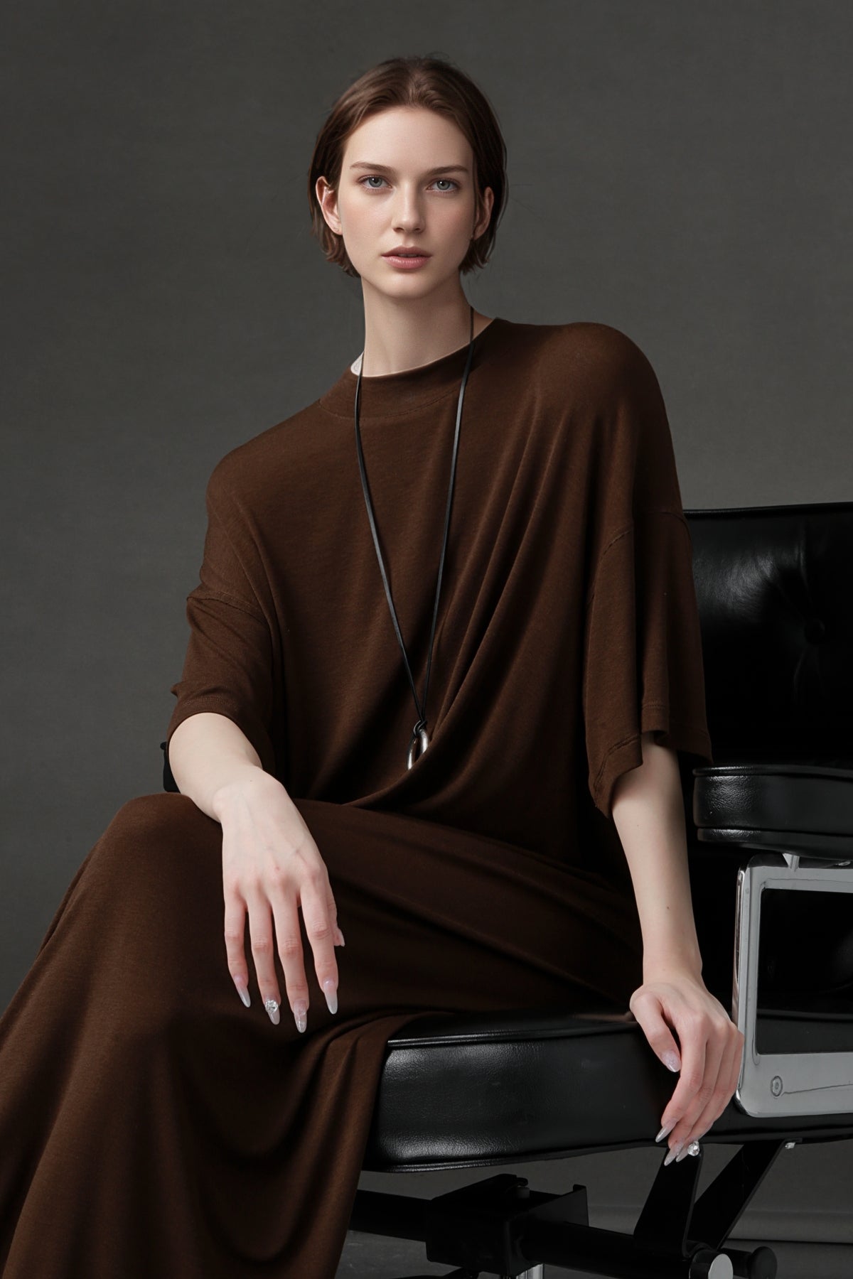 PIAOIN minimalist style nude tencel wool t-shirt skirt versatile dress -LYDIA