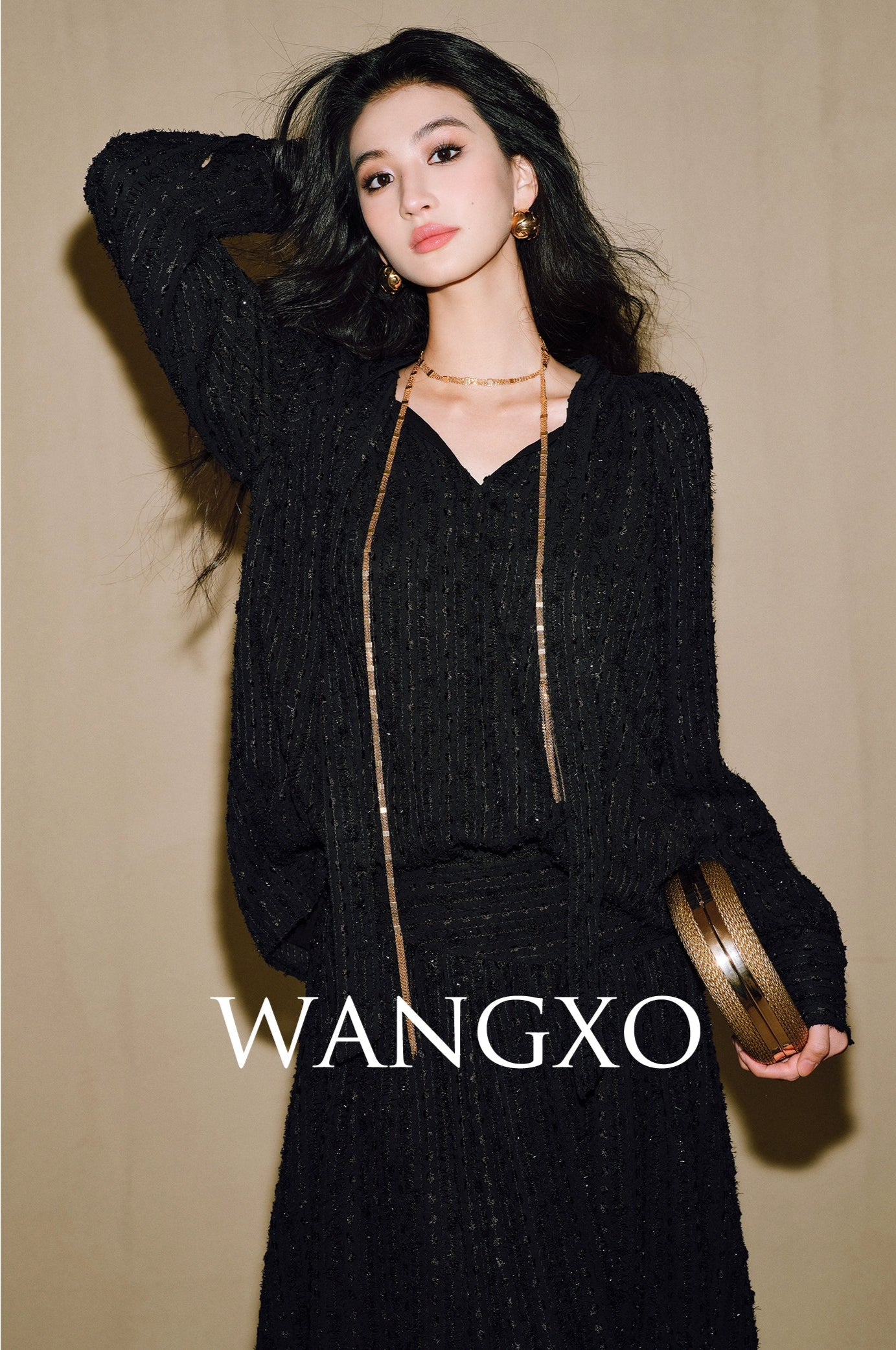 WANGXO | 3D Granular Jacquard Micro-Wrinkle Streamer V-Neck Top & Skirt Set- ADA.