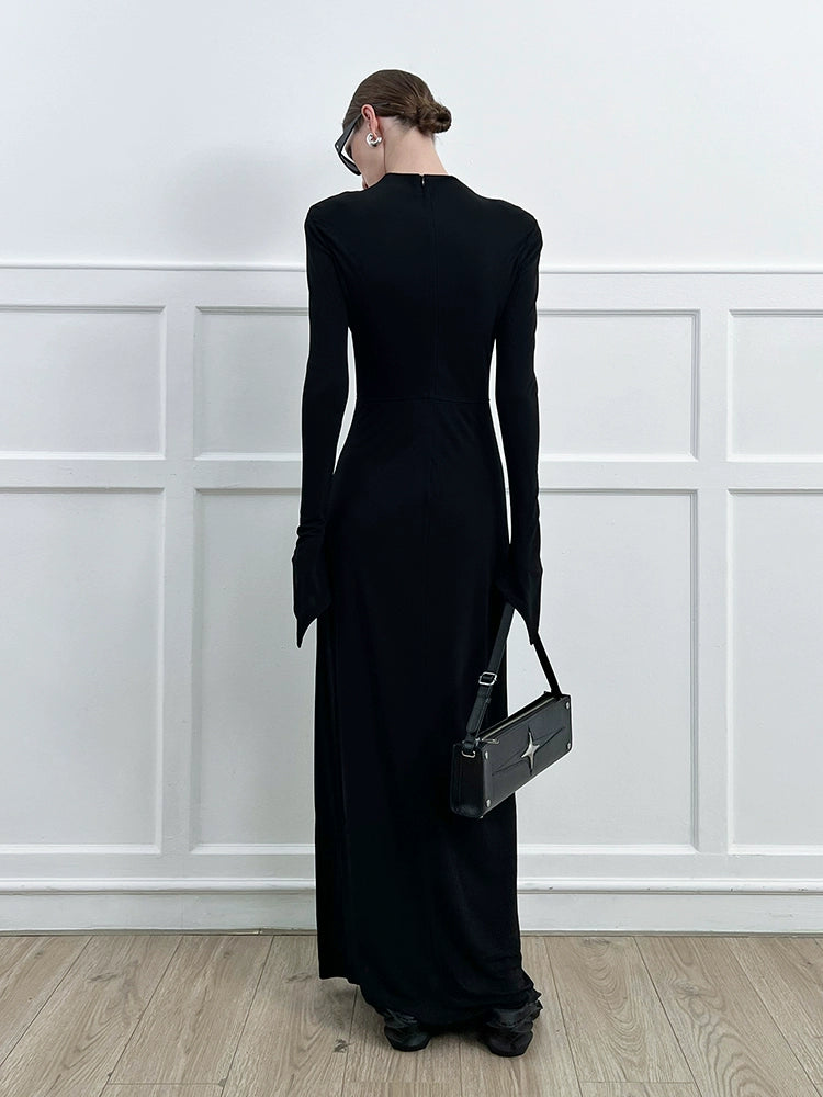ANNAKIKI high-end acetate black shoulder slim long sleeve dress-CAROLE