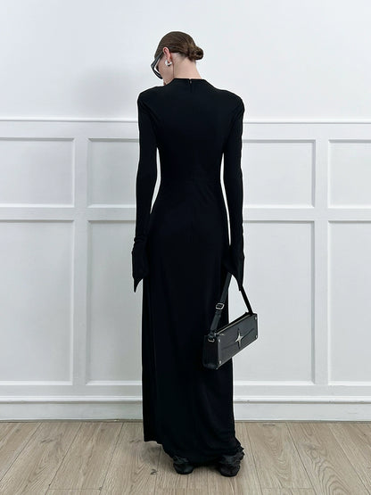 ANNAKIKI high-end acetate black shoulder slim long sleeve dress-CAROLE
