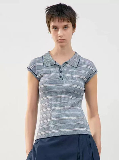 Nothing Written knitted short sleeve t-shirt striped polo neck top camisole-TESS.