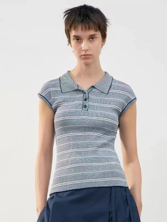 Nothing Written knitted short sleeve t-shirt striped polo neck top camisole-TESS.