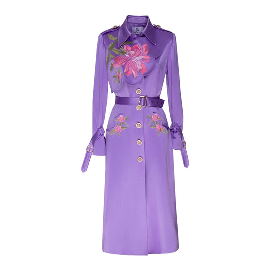 Magic Q purple peony embroidery beaded satin trench coat - Liba