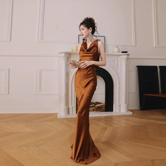 DOLLY Elegant Brown Retro Sleeveless Halter Neck Long Cocktail Dress-GIDDY (V)