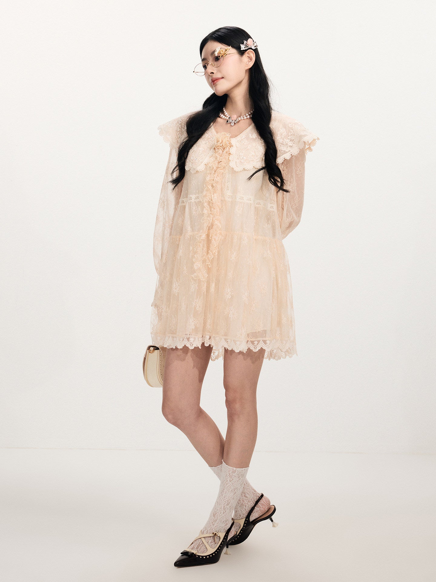 FAME V-Neck Embroidered Lace Shawl Neck Short Dress - JADE.