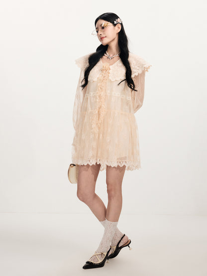 FAME V-Neck Embroidered Lace Shawl Neck Short Dress - JADE.