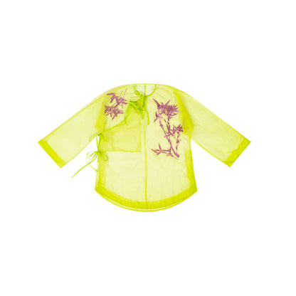 TUYUE Bamboo Leaf Embroidered Mesh Lace-up Top - SKYLA.