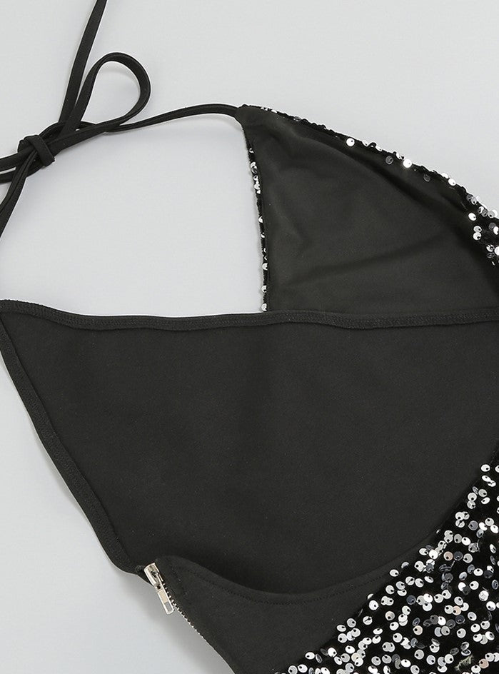 DOLLY Luxury Black Sleeveless Sequin Halter Neck Irregular Hem Sexy Cocktail Dress-ANASTASIA