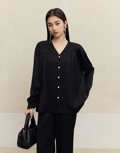 HECO Shan Ting Acetate Jacquard Suit Loose black yellow Top Pants Women - favour.