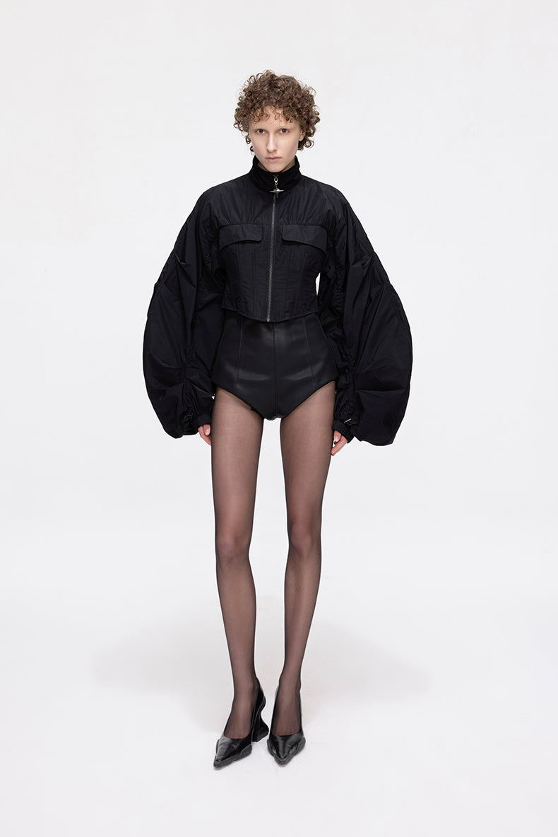 ANNAKIKI Futuristic herringbone shirred slim cropped jacket-KEANE
