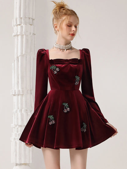 CHECOCRE Elegant French Vintage Cherry Banque Velvet Red Short Dress - TRANS