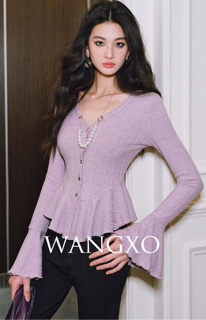 WANGXO | Bright Silk Knit V-Neck Waist Ruffle Top -SÁYA.