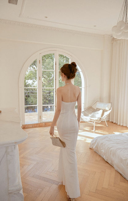 DOLLY Elegant White French Style Big Bow Long Fish Tail Cocktail Dress-FREYA