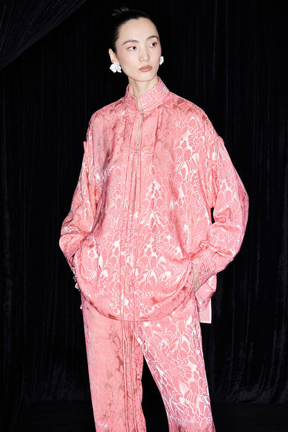 M essential Mackay designer lime jacquard stand-up collar loose top - JAMES.