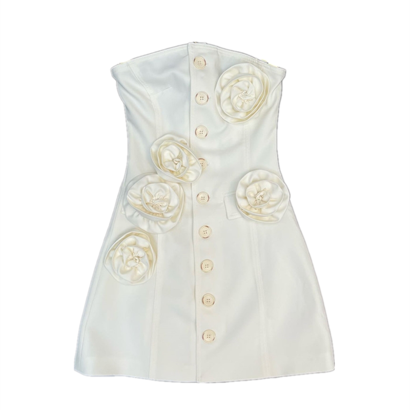 DOLLY Elegant White Flower Bud Chest Wrap High Waist Shor t Banquet Dress-LOLO