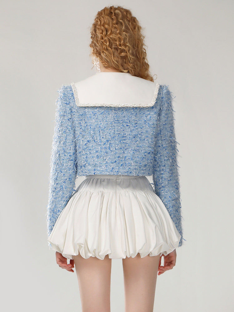 CHECOCRE Stylish Fashion Temperament Sleeve Small Fragrance Blue Jacket - INDIGO