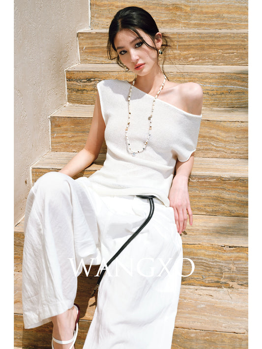 WANGXO |Linen Delicate Knit Slant Shoulder Top & Tailored Straight Pants with Airy Elegance Suit Set -RAYA