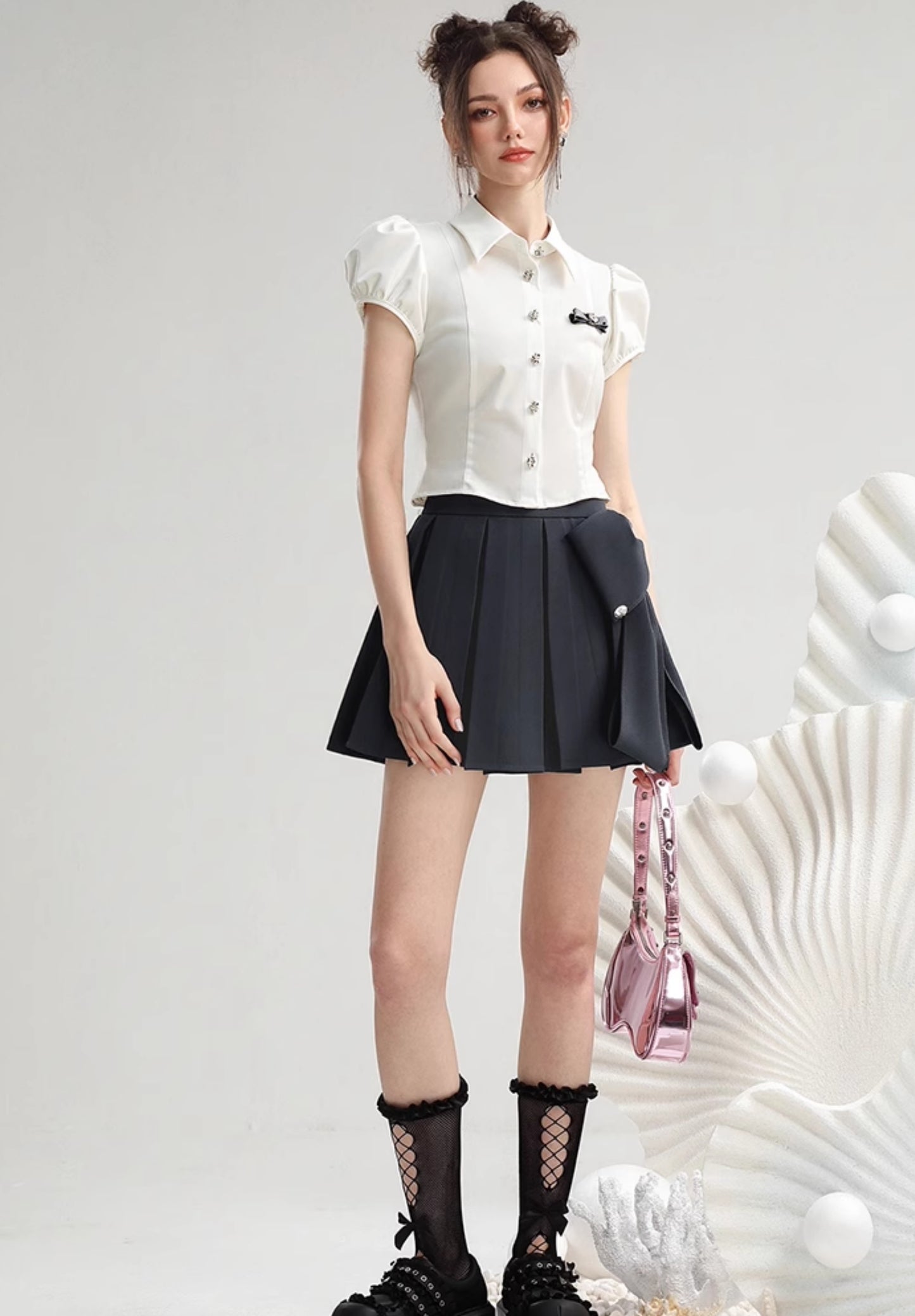 CHECOCRE Stubble sweet cool girly suit dark gray pleated skirt - MEDE.