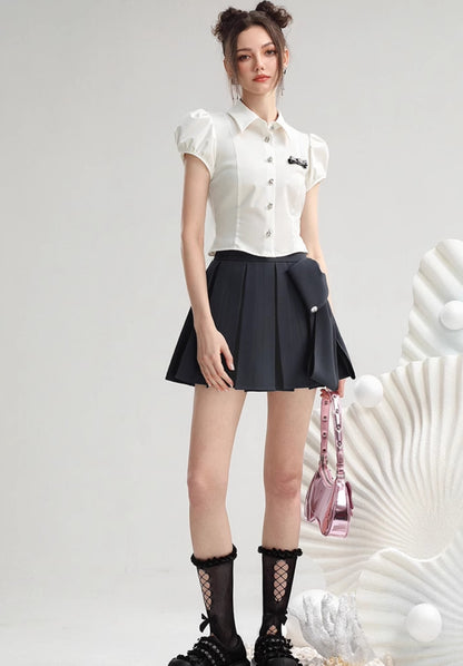 CHECOCRE Stubble sweet cool girly suit dark gray pleated skirt - MEDE.