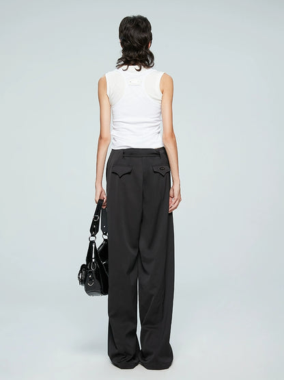 ANNAKIKI Niche Designer Japanese Button Interspersed Belt Wide-leg Pants-NEFA