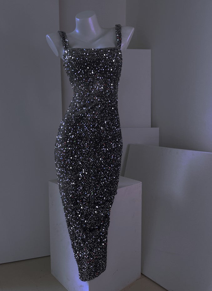 DOLLY Elegant Retro Style Square Collar Sleeveless Sequin Body Hug Evening Dress-HARPER