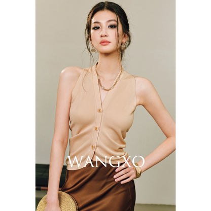 WANGXO |Vertical-Cut Acetate Double-Sided Threaded Halterneck Knitted Top -VELA