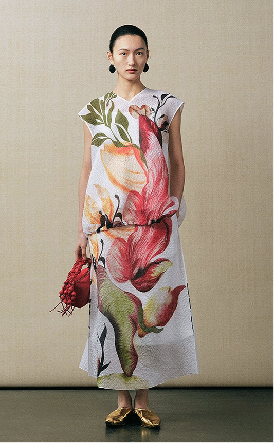 ZHUCHONGYUN mulberry silk V-neck sleeveless printed top and skirt outfit set-BRAUS.