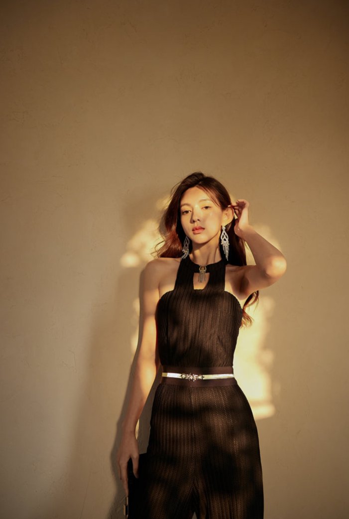 DOLLY High End Black Halter Neck Wrinkle Wide Flared Leg Pant Jumpsuit-LARA