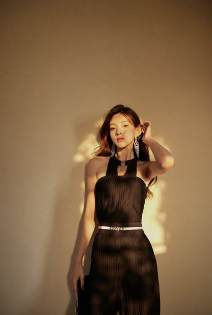 DOLLY High End Black Halter Neck Wrinkle Wide Flared Leg Pant Jumpsuit-LARA