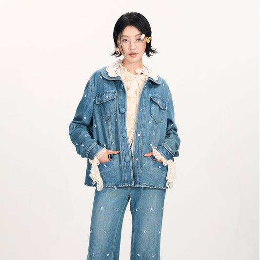 FAME Beaded Three-Dimensional Flower Embroidery Cargo Denim Jacket Top - BYRON.