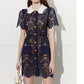 DPLAY Light Luxury Navy Blue Openwork Contrast Lace lapel Dress - Diora