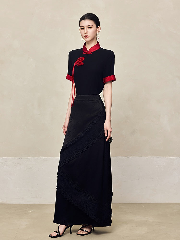 HECO Polyester Handmade Flower Mandarin Neckline Short Sleeve  Black T-Shirt - EVE.