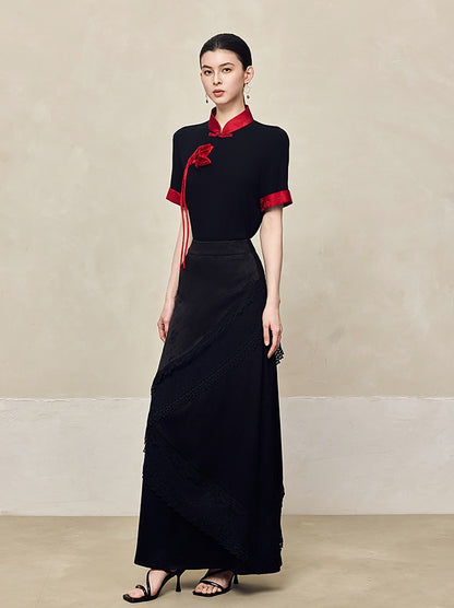 HECO Polyester Handmade Flower Mandarin Neckline Short Sleeve  Black T-Shirt - EVE.