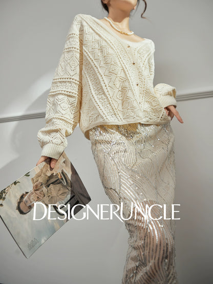 DGU "Light Grapefruit" apricot knitted sweater cut-out loose and versatile high-end top - GREC.